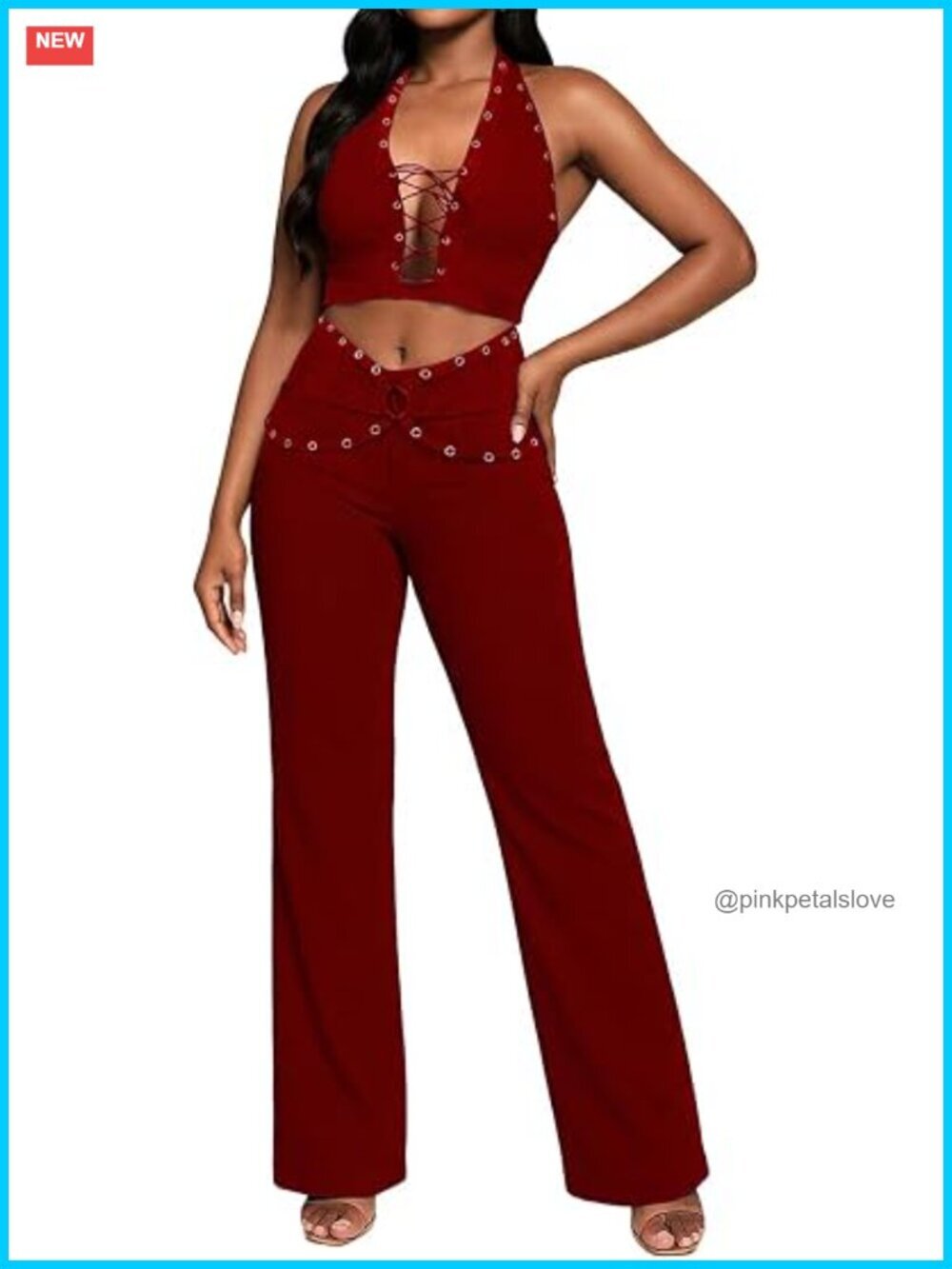 Halter Crop Top Pants Set Lace Up Sleeveless Two Piece Club Outfit